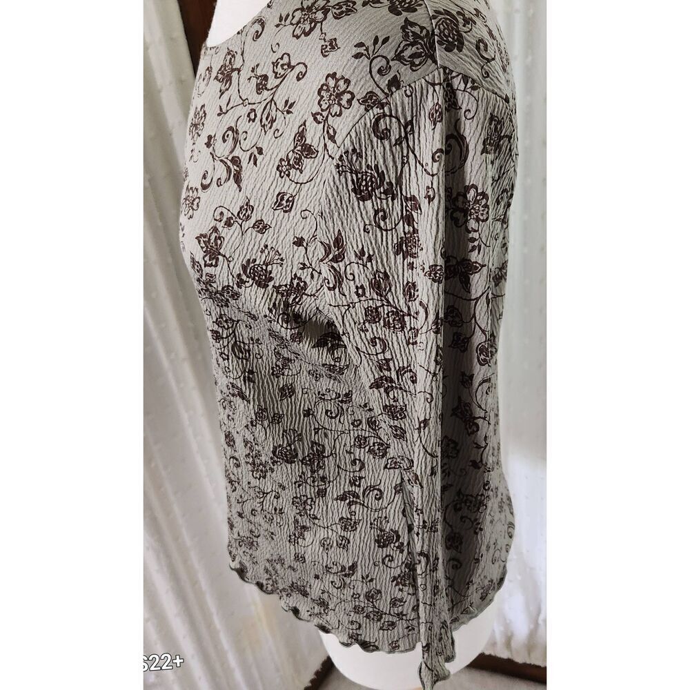 Croft & Barrow dressy Gray-Green top with brown floral pattern 3/4 sleeves Sz M - Picture 3 of 8